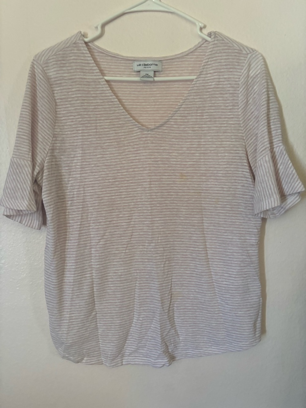 Liz Claiborne Pale Pink & White Striped V-Neck Short Sleeve Tee